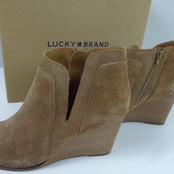 Lucky Brand Oiled Suede Leather Yabba Ankle Boot Wedge Bootie Side Zip NIB - Picture 4 of 8
